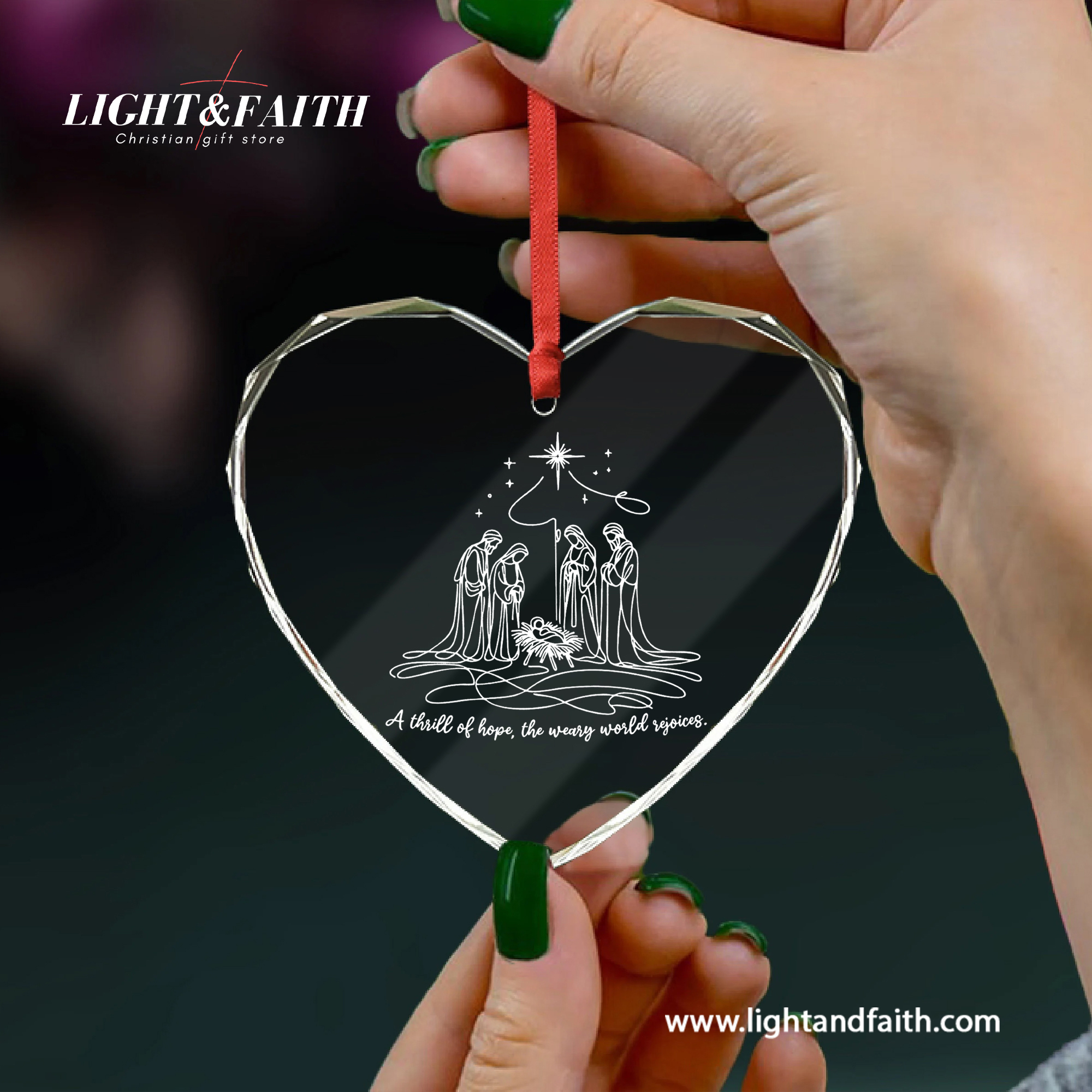 A Thrill of Hope Heart Ornament, Minimal Nativity Line Art Ornament, Holy Family Christmas Decor, Christian Faith Gift, Religious Glass Decoration DCLAF63